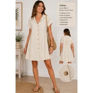 Aakaa Linen Blend Button Tunic Dress Small Beige Boho Cottagecore Prairie NWT
